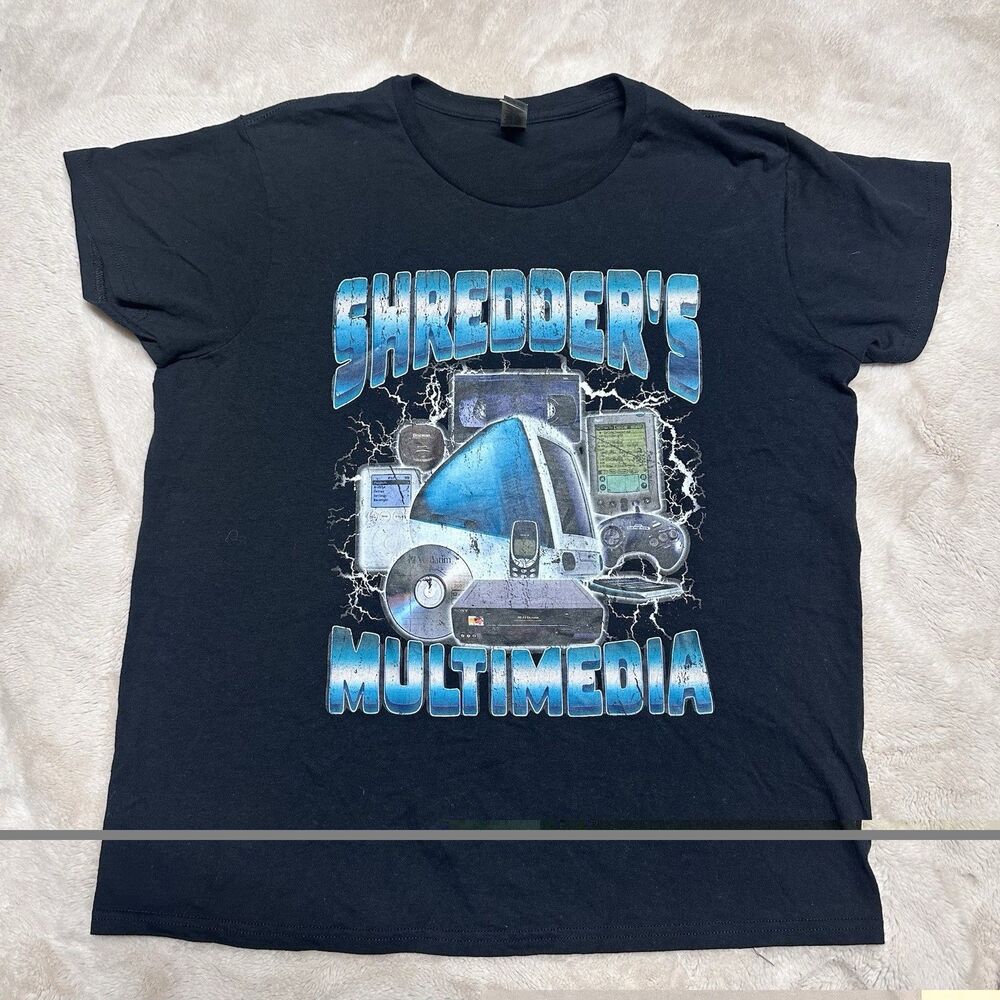 Shredder’s Multimedia Retro Tech Graphic T-Shirt Women’s L Gildan Black Y2K